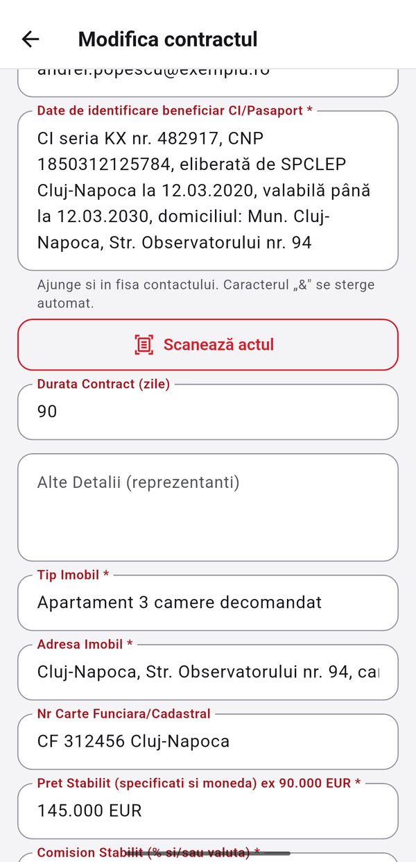 Contractul completat în aplicație